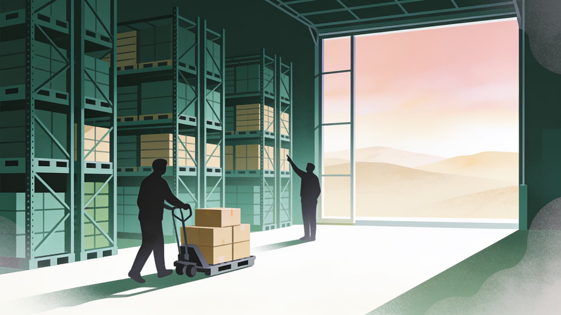 Illustratie: een medewerker duwt een palletwagen door een magazijn terwijl een begeleider naar een stelling wijst