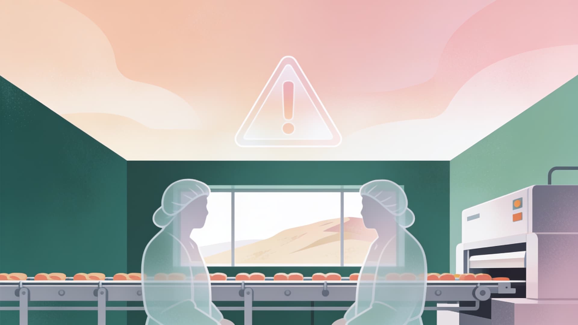 Illustratie: twee medewerkers aan een productielijn onder een waarschuwingsteken