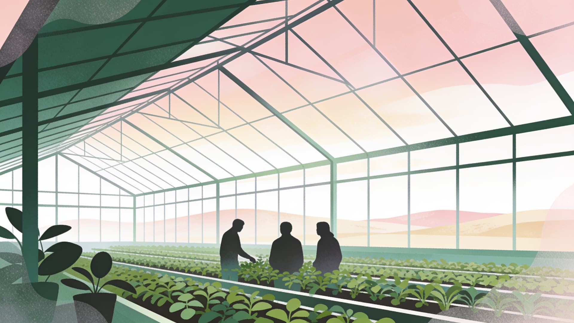 Illustratie: een trainer legt een groepje medewerkers iets uit op hun eigen werkvloer in de kas