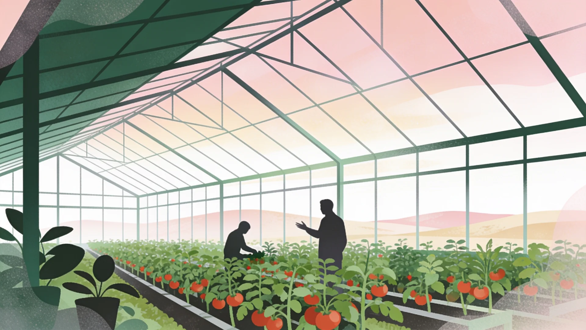 Illustratie: een medewerker verzorgt tomatenplanten in een kas terwijl een begeleider uitleg geeft