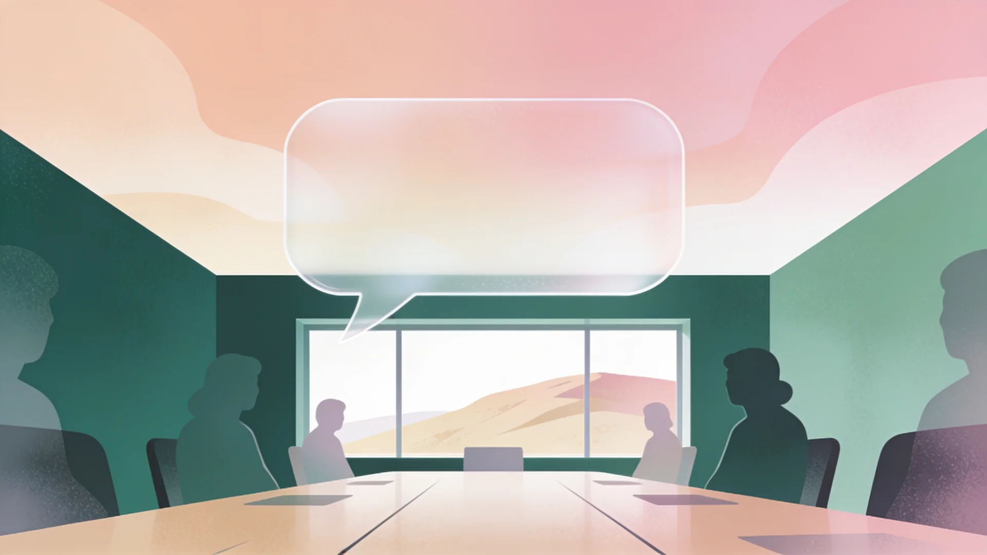 Illustratie: een team in overleg aan tafel, met een tekstballon boven het gesprek